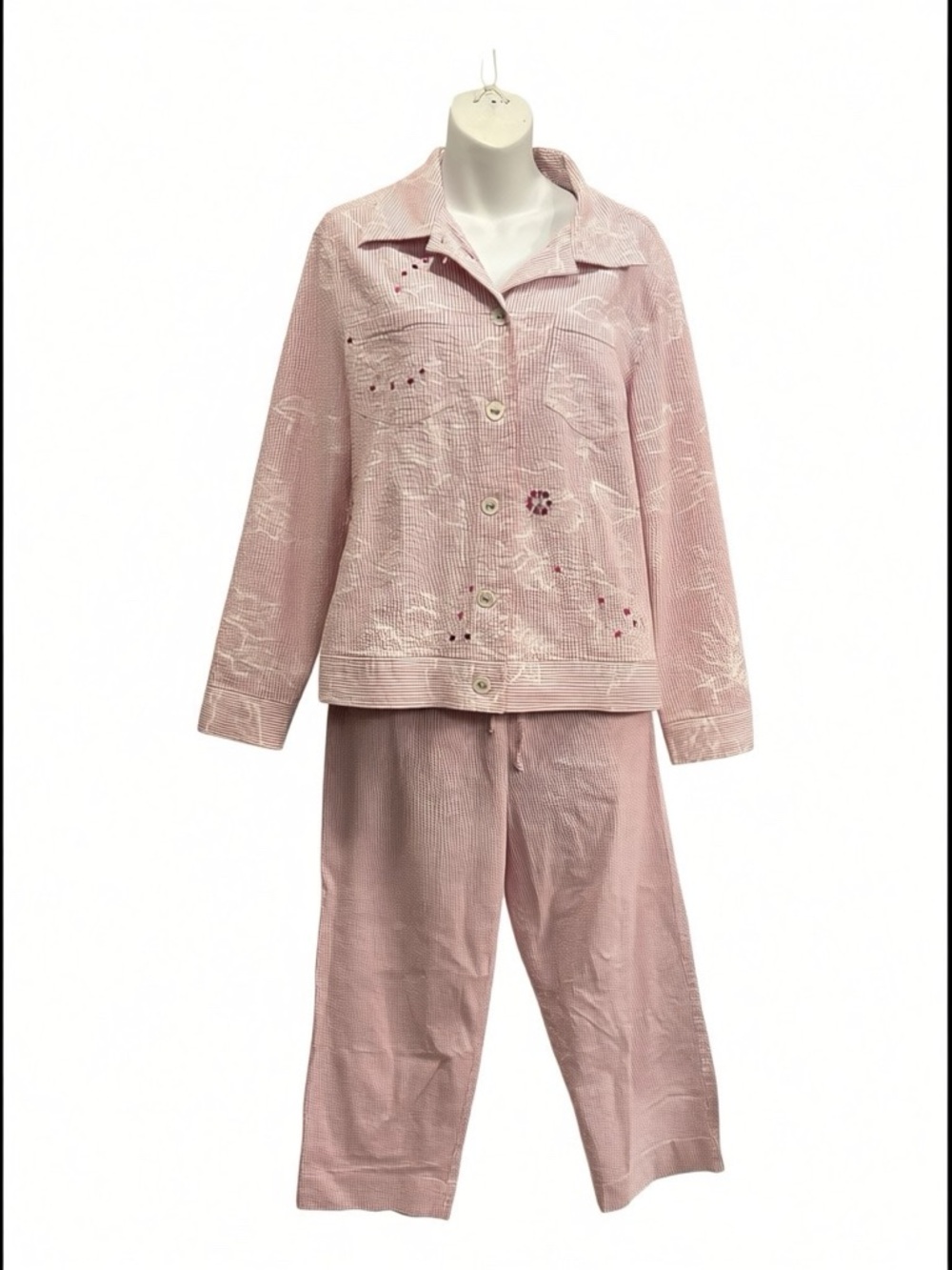 Susan Graver Pink and White Striped Two-Piece Set jacket & capris size medium
